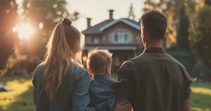 En familj som står i en trädgård och kikar på ett hus